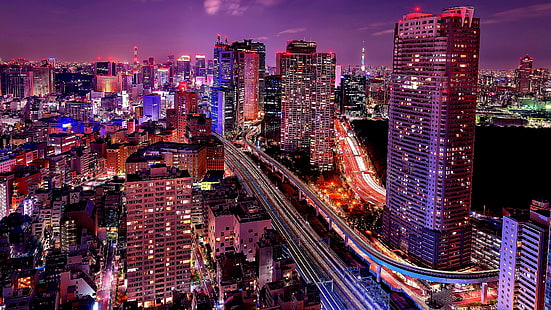 център на града, Минато, фотография, дълга експозиция, фотография с дълга експозиция, светлинни пътеки, градски светлини, лилаво небе, лилава нощ, шиодом, кула, небе, Токио, Япония, кула, Азия, силует, нощ, небостъргач, забележителност, мегаполис, shiodome център на града, град, градски пейзаж, HD тапет HD wallpaper