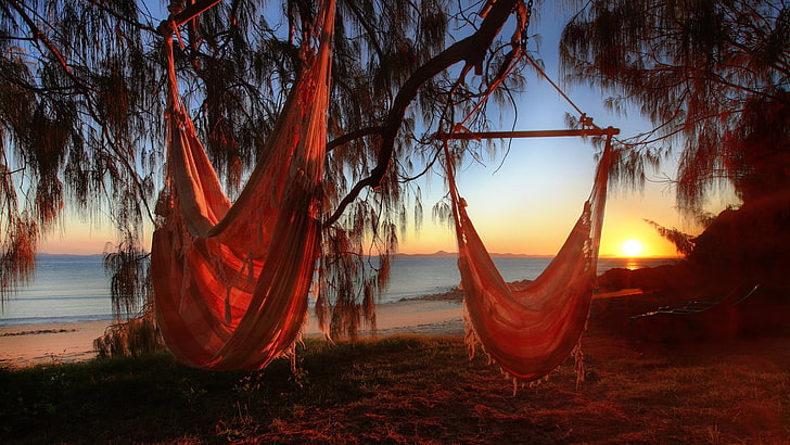 two brown hammocks, beach, sunlight, relaxing, hammocks, HD wallpaper