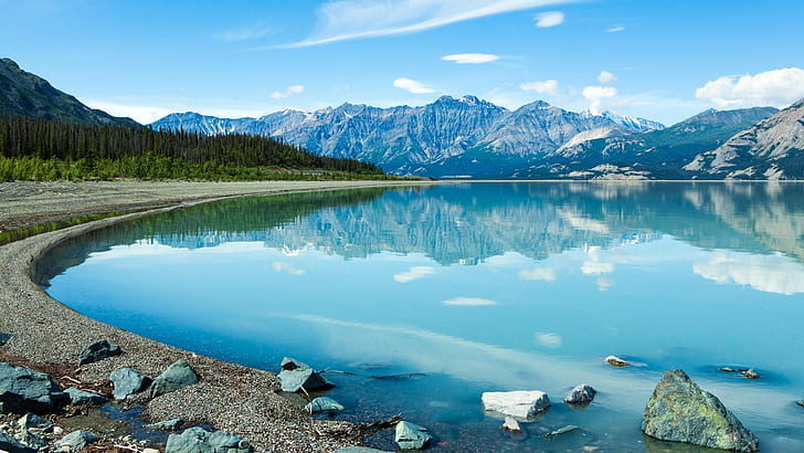 natureza, paisagem, montanhas, nuvens, árvores, floresta, água, Canadá, lago, pedras, colinas, reflexão, neve, rocha, HD papel de parede