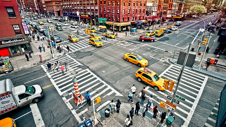 жълто такси, град, архитектура, градски пейзаж, Ню Йорк, САЩ, сграда, кола, улица, градско, Ню Йорк Такси, такси, хора, тълпи, кръстовища, HD тапет