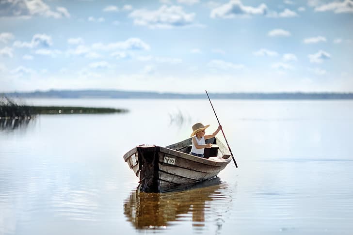 nature, lake, boat, fishing, fisherman, boy, baby, child, rod, angler, Valeria Kasperova, HD wallpaper