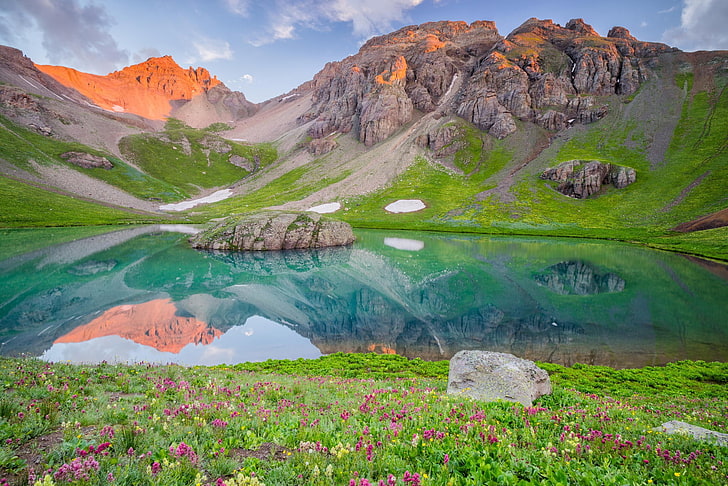 отражение, планини, езеро, природа, вода, цветя, скала, HD тапет