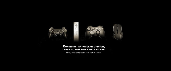 black gaming controllers, video games, controllers, quote, typography, black background, computer mouse, X-Box, Wii, PlayStation, humor, HD wallpaper