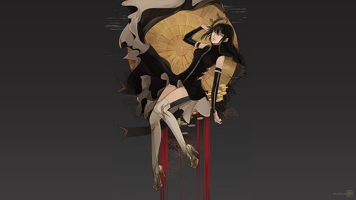 黒のドレスを着ている黒髪の女性アニメキャラクターデジタル壁紙、オリジナルキャラクター、 HDデスクトップの壁紙