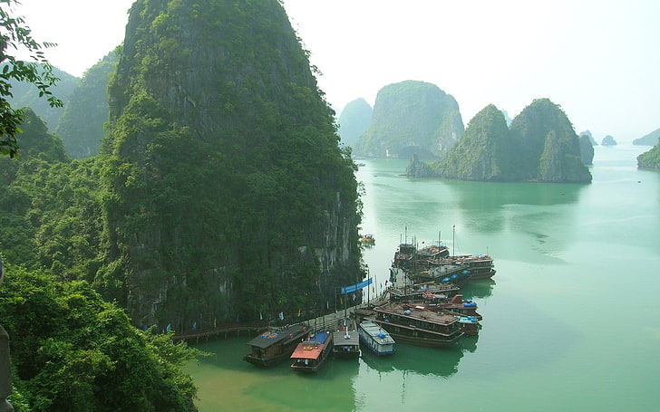 montagne verte, thaïlande, rocher, jetée, amarre, bateaux, Fond d'écran HD