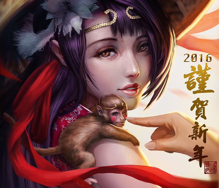 :-), 2016, frumusete, luminos, zodiac, year, monkey, fantasy, girl, hand, chinese, HD wallpaper