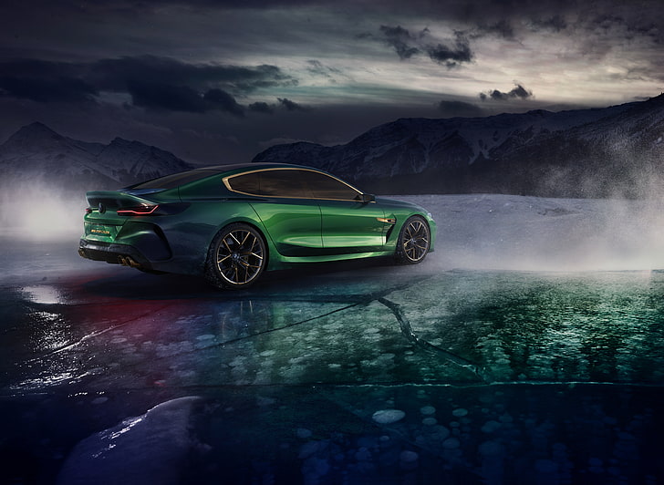 mountains, clouds, coupe, ice, BMW, back, side, 2018, M8 Gran Coupe Concept, HD wallpaper