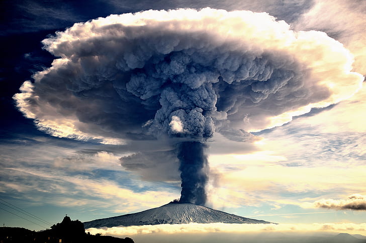 volcano, lava, eruption, nature, Mount Etna, Italy, Sicily, smoke, clouds, landscape, mushroom clouds, 500px, Giuseppe Mario Famiani, HD wallpaper