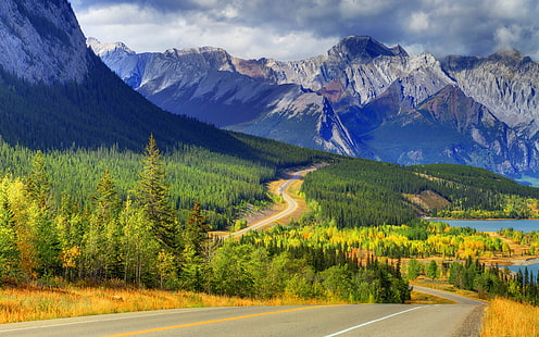 Lago Abraham, Banff, Alberta, Canadá, montanhas, floresta, árvores, outono, estrada, Abraham Lago, Banff, Alberta, Canadá, Montanhas, floresta, árvores, outono, estrada, HD papel de parede HD wallpaper