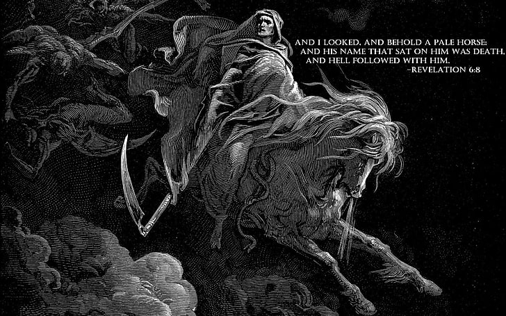 warrior rides on horse wallpaper, apocalyptic, drawing, horse, death, Heaven and Hell, Holy Bible, Gustave Doré, HD wallpaper
