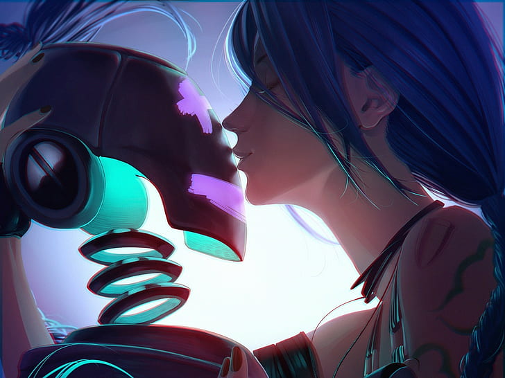 anime girls anime robot rambut panjang rambut biru mencium liga sial legenda liga legenda, Wallpaper HD