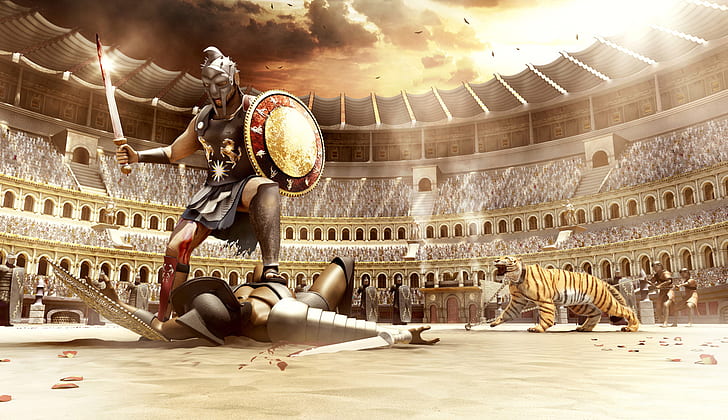 Gladiator, two warriors and tiger in stadium, gladiator, 3d and abstract, HD wallpaper