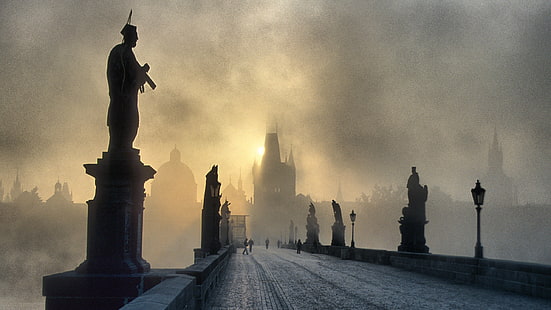bridge, Prague, statue, Czech Republic, mist, Charles Bridge, HD wallpaper HD wallpaper