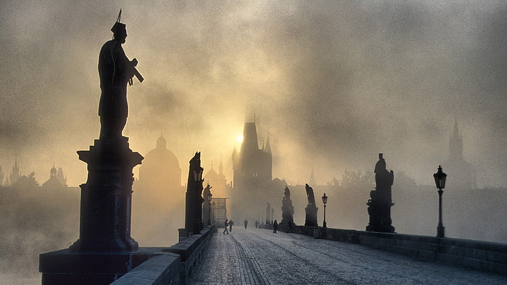 gray concrete bridge, mist, Prague, Czech Republic, Charles Bridge, statue, bridge, sunlight, HD wallpaper