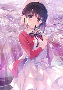 anime, chicas anime, Saenai Heroine no Sodatekata, Katou Megumi, gafas, vestido, flor de Sakura, Fondo de pantalla HD HD wallpaper
