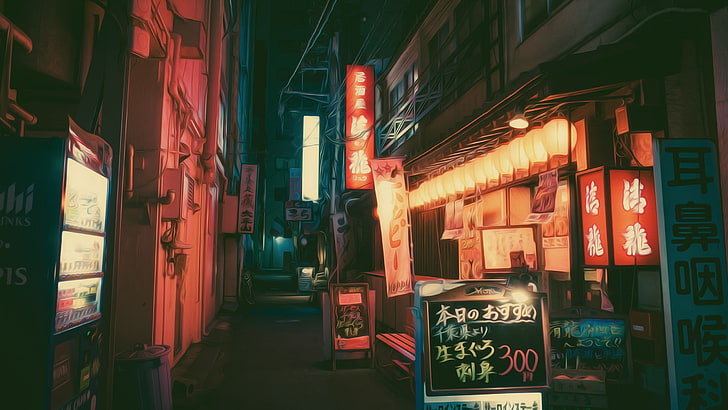 signalisation rouge et noire, Masashi Wakui, photographie, manipulation de photos, néons, Fond d'écran HD