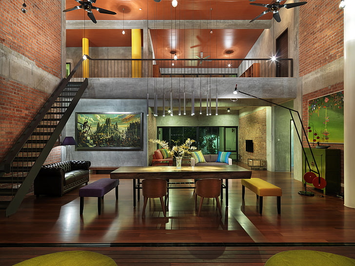 brown wooden house interior, house, interior, ladder, furniture.design, HD wallpaper