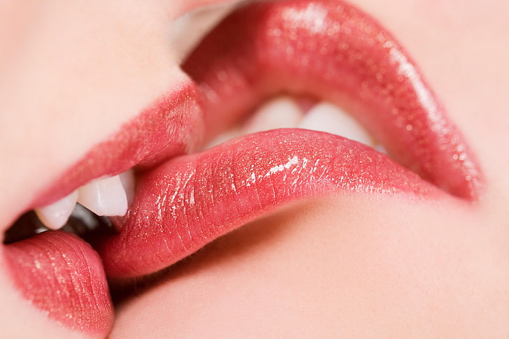 pink lipstick, kissing, lesbians, lips, biting lip, closeup, juicy lips, women, model, HD wallpaper