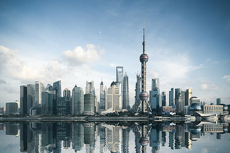オリエンタルパール、逆、都市景観、上海、スカイライン、 HDデスクトップの壁紙 HD wallpaper
