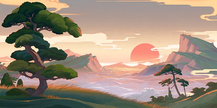 Genshin Impact, zachód słońca, chmury, drzewa, wzgórza, góry, krajobraz, Inazuma, grafika gier wideo, gry wideo, Tapety HD