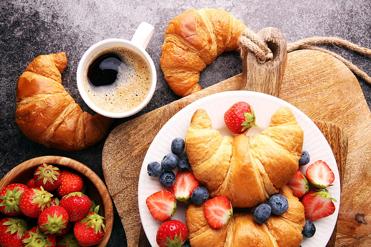 Food, Breakfast, Berry, Blueberry, Coffee, Croissant, Cup, Fruit, Still Life, Strawberry, Viennoiserie, HD wallpaper