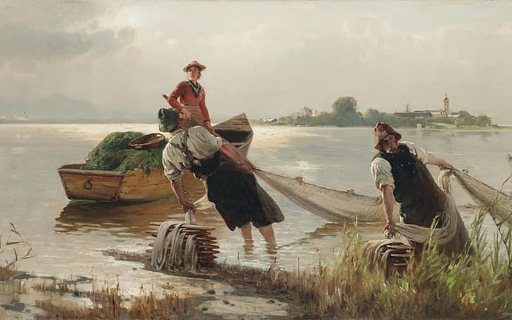 1880, malarz niemiecki, olej na płótnie, Carl Raup, Karl Raupp, Chiemseefischer, Rybacy na jeziorze Chiemsee, Rybacy na jeziorze Chiemsee, Tapety HD