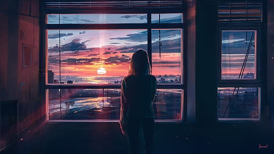 Mädchen, Sonnenuntergang, die Stadt, Raum, zurück, Ansicht, Fenster, Kunst, HD-Hintergrundbild HD wallpaper