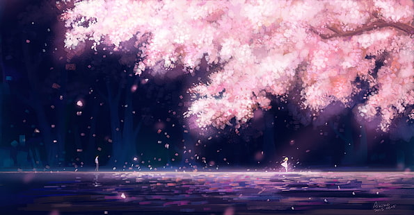 илюстрация на черешов цвят, аниме момичета, дървета, аниме, Shigatsu wa Kimi no Uso, HD тапет HD wallpaper