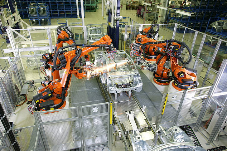 robot, technologia, KUKA, samochód, pojazd, spawanie, nadwozie, fabryka, przemysłowy, metal, rozmycie ruchu, długa ekspozycja, maszyna, błyszczy, blask, Tapety HD