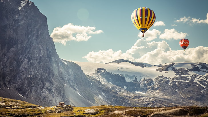 yellow and red hot air balloons, landscape, nature, hot air balloons, mountains, snow, clouds, sky, HD wallpaper