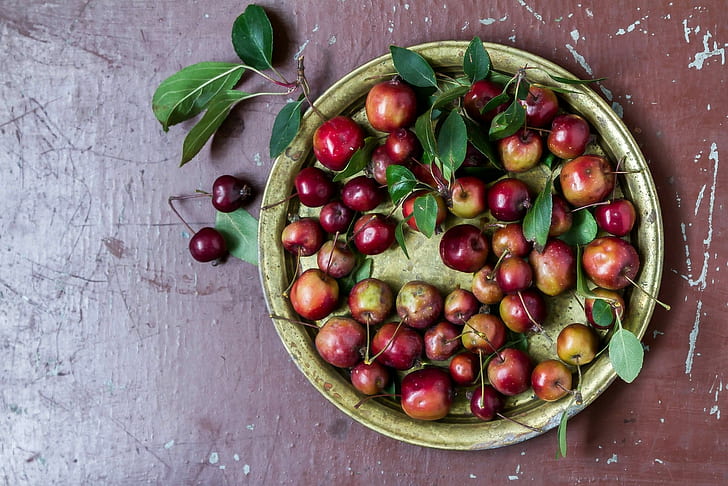 food, cherries (food), top view, plates, red, HD wallpaper