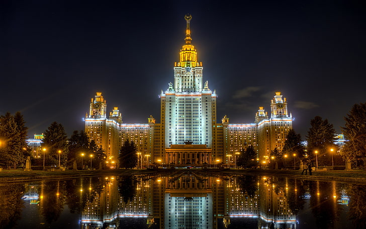 Русия Москва Ломоносов Московски държавен университет Night Street Lamps Fountainswallpaper Hd, HD тапет