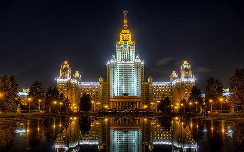 Russland Moskau Lomonosov Moscow State University Nacht Straßenlaternen Fountainswallpaper Hd, HD-Hintergrundbild HD wallpaper