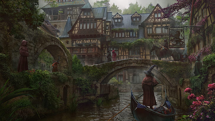 ilustración, ciudad de fantasía, pueblo, digital, río, puente, barco, medieval, puente viejo, edificio antiguo, magia, mago, personas, Fondo de pantalla HD