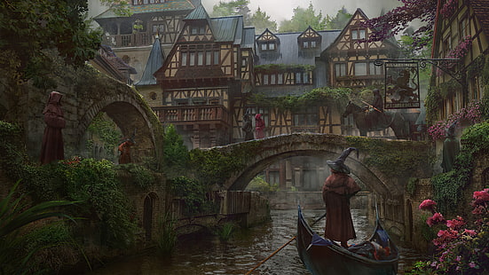  artwork, fantasy city, town, digital, river, bridge, boat, medieval, old bridge, old building, magic, wizard, people, HD wallpaper HD wallpaper