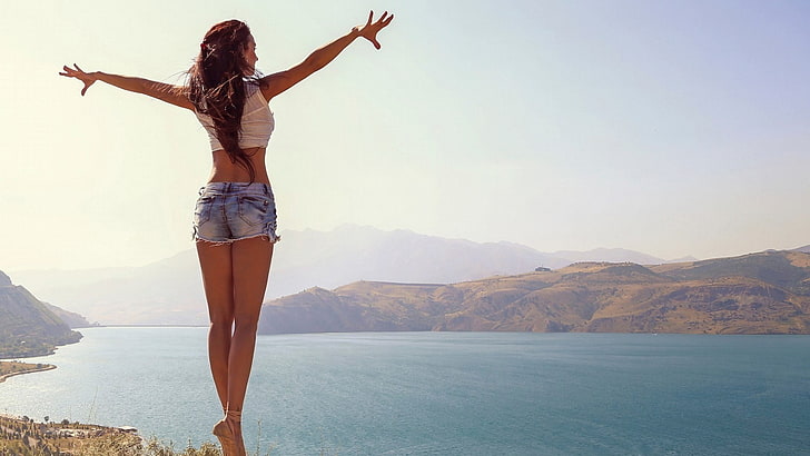 women's blue denim short shorts, women, model, nature, lake, mountains, ballerina, HD wallpaper