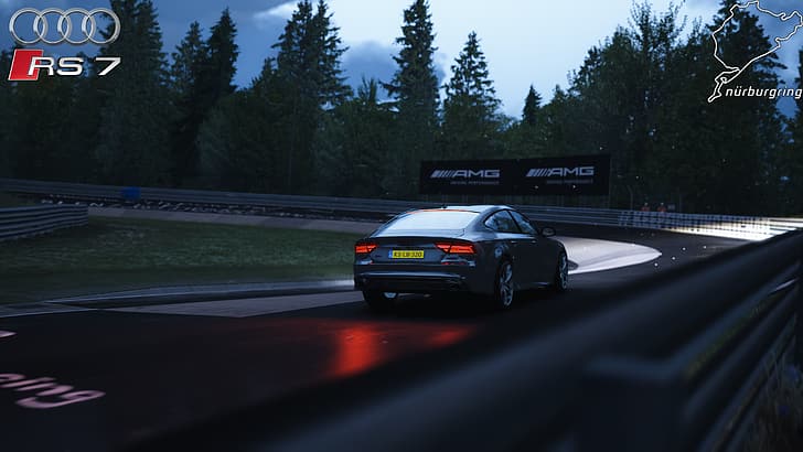 Audi RS7, Audi, car, vehicle, Nurburgring, rain, tracks, Assetto Corsa, racing, racing simulators, HD wallpaper