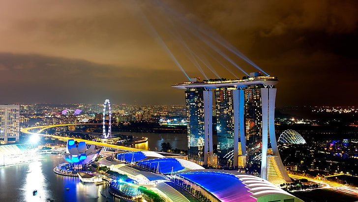 stadsbild, storstadsområde, marinabukten, singapore, vatten, stadsljus, natt, metropol, asien, sky, skyline, centrum, skyskrapa, HD tapet