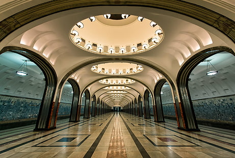 Man Made, Subway, Metro, Moscow, Railroad, Station, Tunnel, Underground, HD wallpaper HD wallpaper