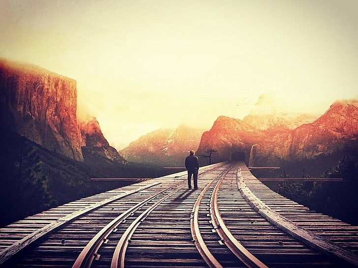 person on brown train rails illustration, tracks, HD wallpaper
