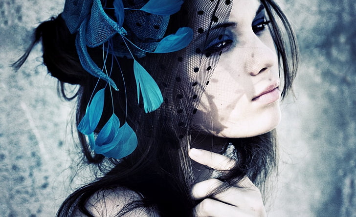 Sad Girl Portrait, women's blue and black feather head dress, Girls, Girl, Portrait, HD wallpaper