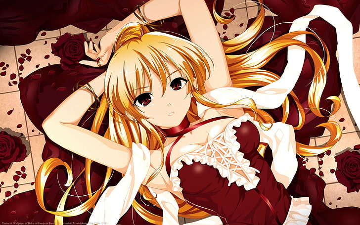 girl with blonde hair wearing red and white dress illustration, boku to kanojo ni furu yoru, novel, girl, blonde, rose, flowers, HD wallpaper