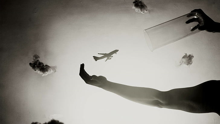 avião, braços, mãos, arte digital, sépia, copo de vidro, nuvens, HD papel de parede