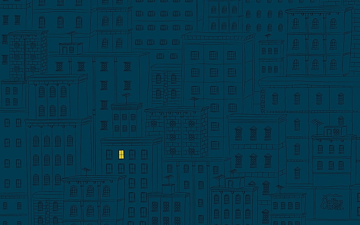 szkic budynku, sztuka cyfrowa, minimalizm, geometria, kwadrat, budynek, niebieski, żółty, okno, sam, proste tło, niebieskie tło, antena, rysunek, światła, Tapety HD