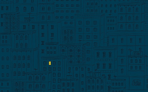 building sketch, digital art, minimalism, geometry, square, building, blue, yellow, window, alone, simple background, blue background, antenna, drawing, lights, HD wallpaper HD wallpaper
