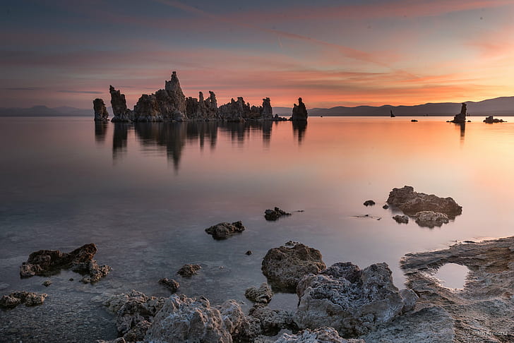 rock formation on body of water during the horizon, mono lake, mono lake, Sunrise, Mono Lake, rock formation, body of water, horizon, CA, California, Clouds, Color, Colorful, Colour, Dawn, Eastern Sierra, Glass  Lake, Landscape, Lee Vining, Mirror, Mono County, Nature, North America, Northern California, Orange, Sierra Nevada, U.S. Route 395, US 395, USA, United States of America, sunset, reflection, sunrise - Dawn, rock - Object, scenics, sea, dusk, water, HD wallpaper