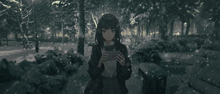 Anime Girls, kurzes Haar, dunkles Haar, Winter, Schnee, Post, Wald, Lächeln, Pony, Rock, HD-Hintergrundbild