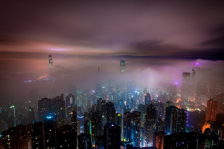 городской пейзаж, ночь, здание, туман, городской, город, облака, небо, современный, вечер, HD обои