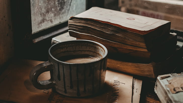 Caffè, umore, finestra, libri, alimenti, tazza, cioccolata calda, Sfondo HD