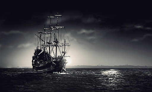 black and white galleon ship, ship, water, HD wallpaper HD wallpaper